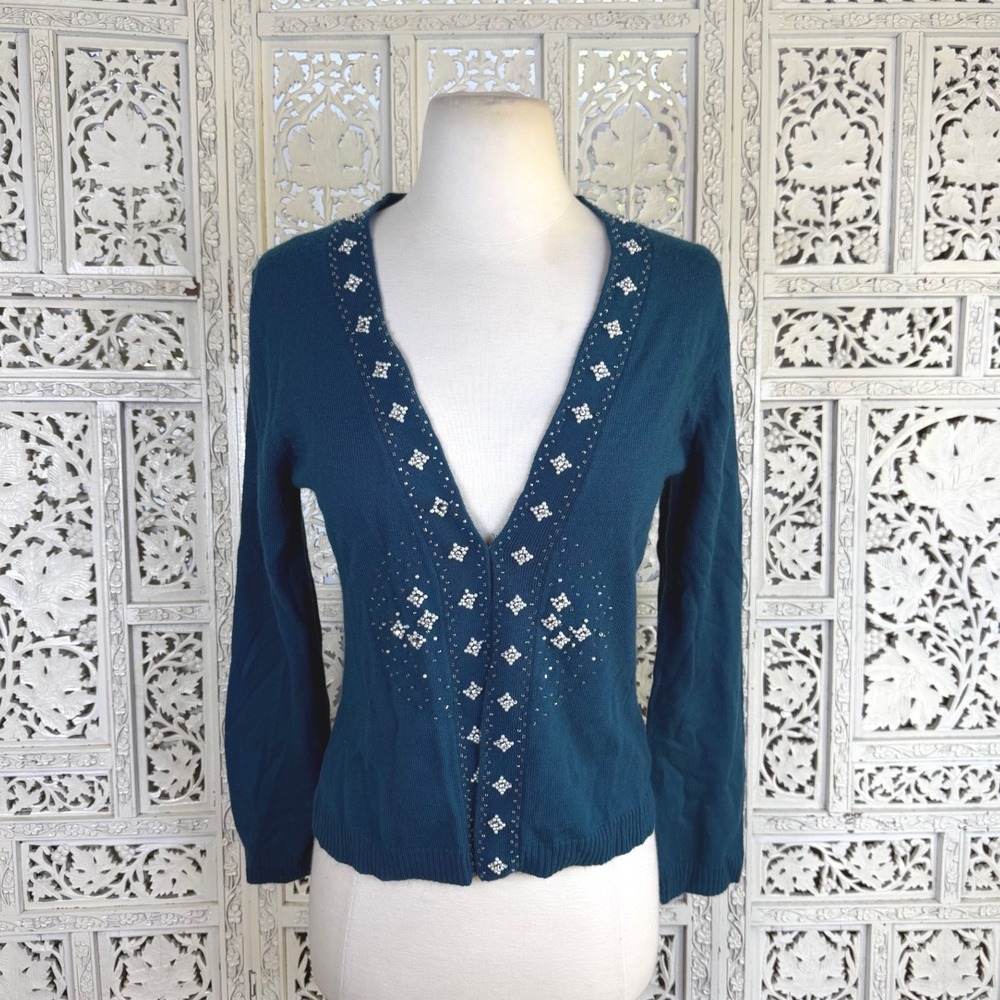 Vtg Teal Beaded Fairy Cardigan Womens Small Retro Embellished Coquette